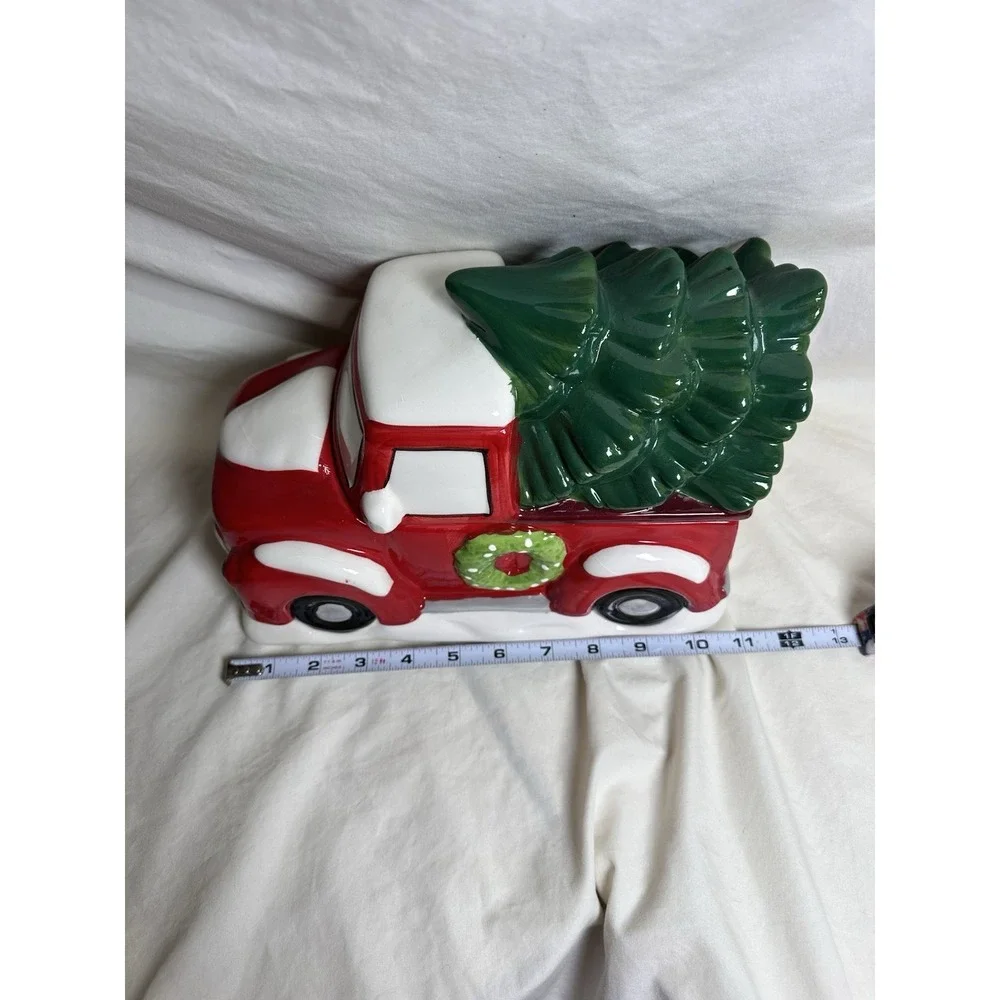 Christmas Red Truck Cookie Jar Canister w Tree Ceramic Holiday‎ Decor
